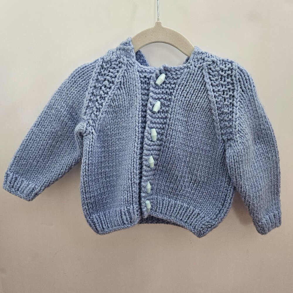 Handmade Knit Baby Hooded Sweater Cardigan Blue - Picture 2 of 12